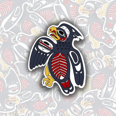 This sticker design has a dark navy bird with a yellow beak. the beak is short and curves at the end. the back of the had has two tufts coming out representing ear feathers.