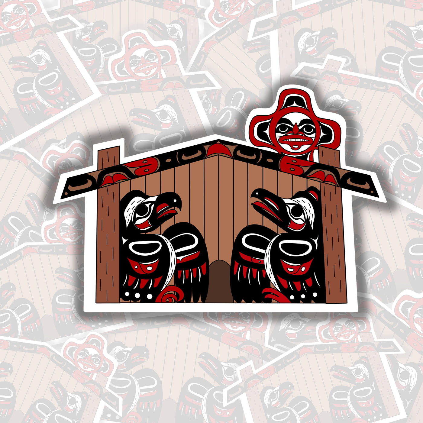 This sticker is of a tan, black, and red Tlingit longhouse. Inside the longhouse are two birds, an eagle on the left and a raven on the right. Above the longhouse is a red and black sun with a face in the center.
