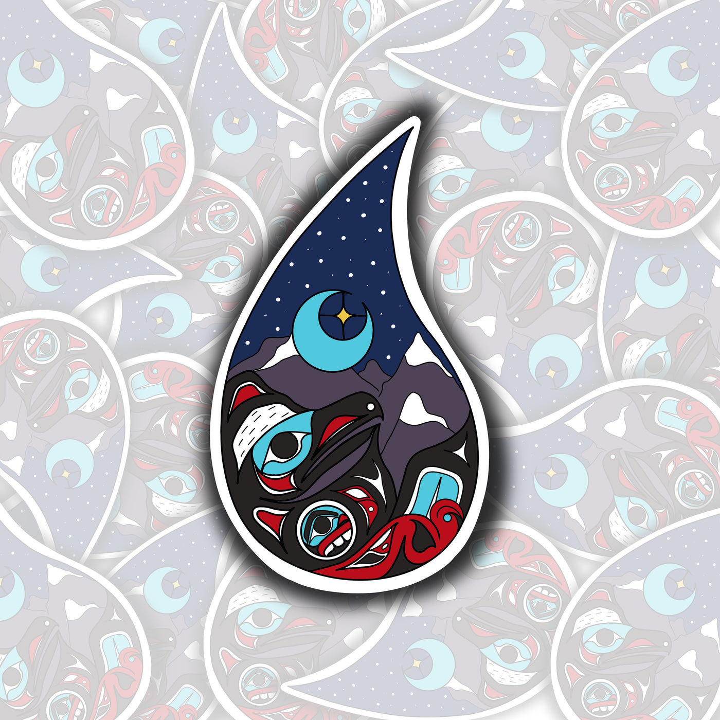 Sticker is shaped like a raindrop. Inside raindrop are mountains, the moon and stars, and a raven at the bottom of the raindrop. 