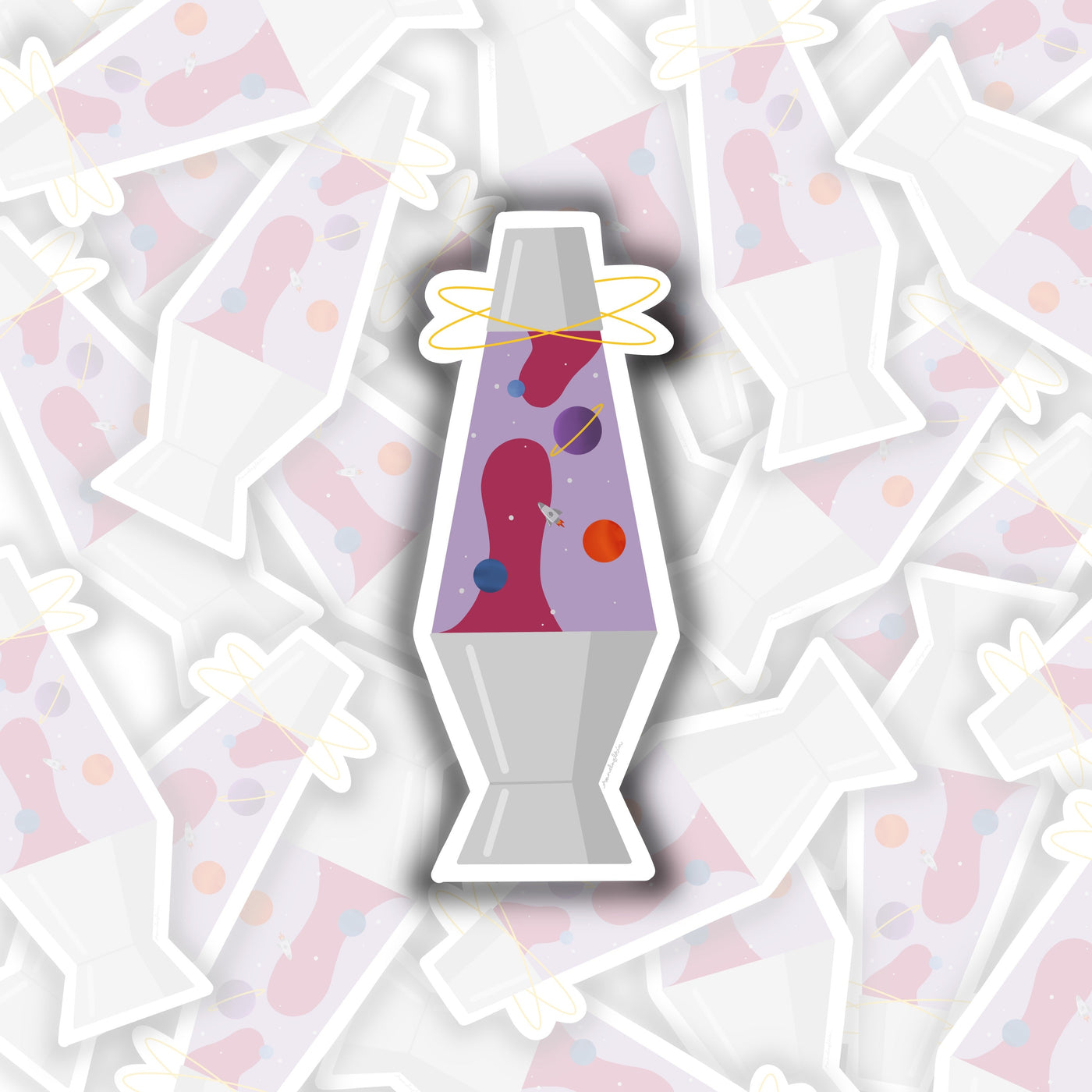 this sticker is a lava lamp. scattered in the lava lamp are the planets and one rocketship. there are also stars. around the top of the lava lamp are two rings.