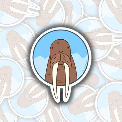 in the front of the sticker is a walrus. the tusks of the walrus hang out past the edge of the circular sticker. in the background is a bright blue sky, with a light blue glacier.