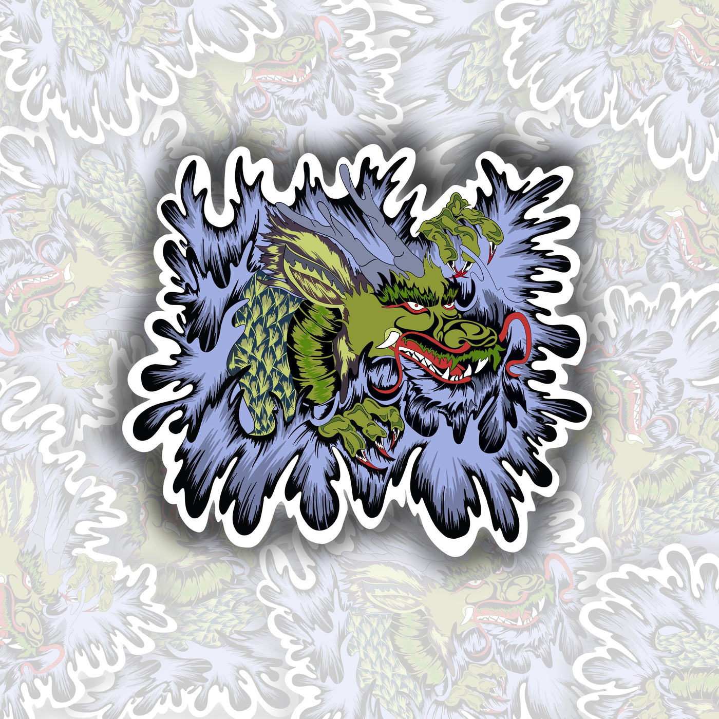 Green dragon with red mouth and white, sharp teeth. around the dragon are grey, blue, and black designs almost like waves crashing around him.