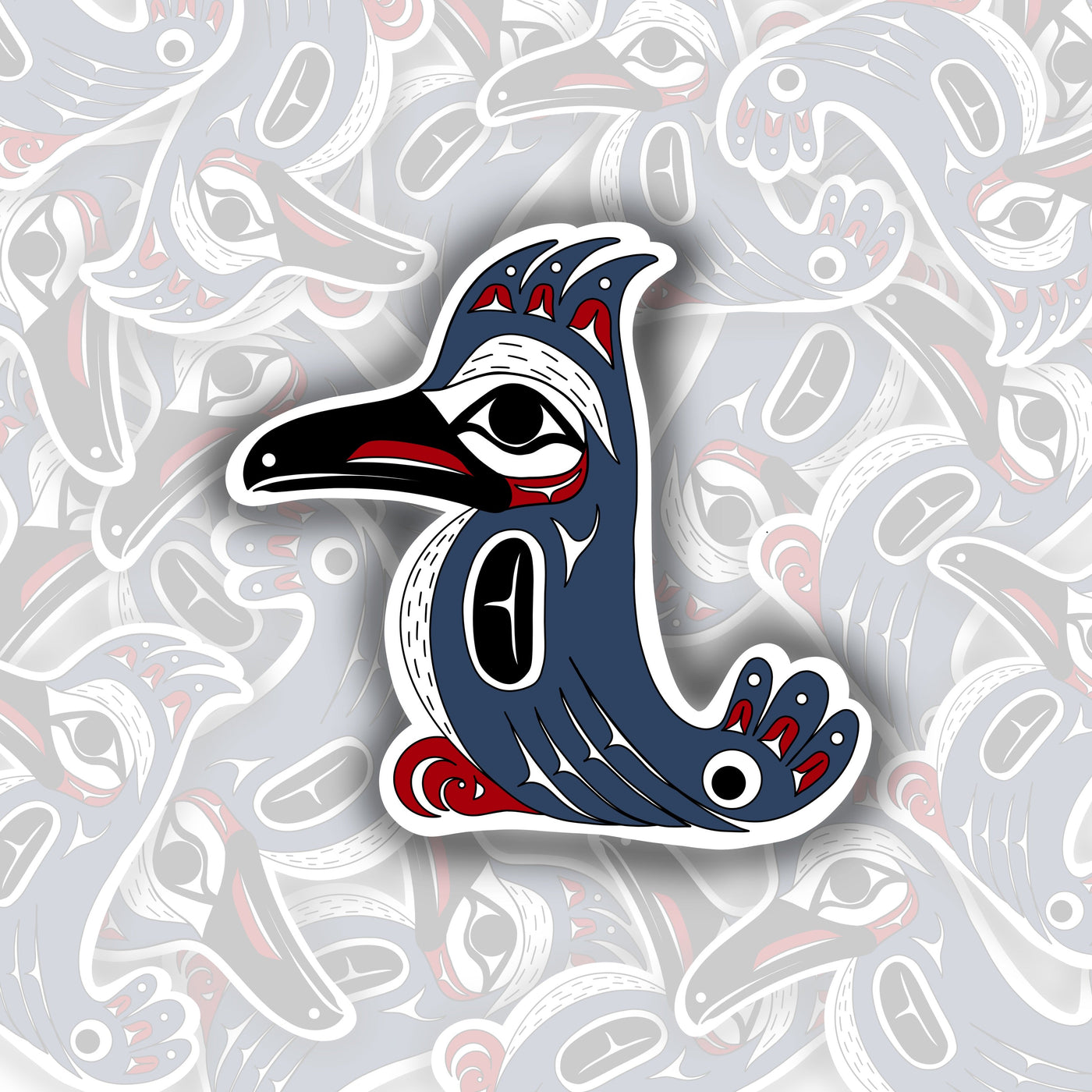 This sticker is of a kingfisher bird. it has a navy blue body, with red accents. the bird is facing to the left with a long, pointy black beak, slightly open. the red claws are at the bottom of the sticker, curled slightly under. there is a tail feather curling upwards on the right side of the sticker. three tufts of hair are on the top representing ear feathers.