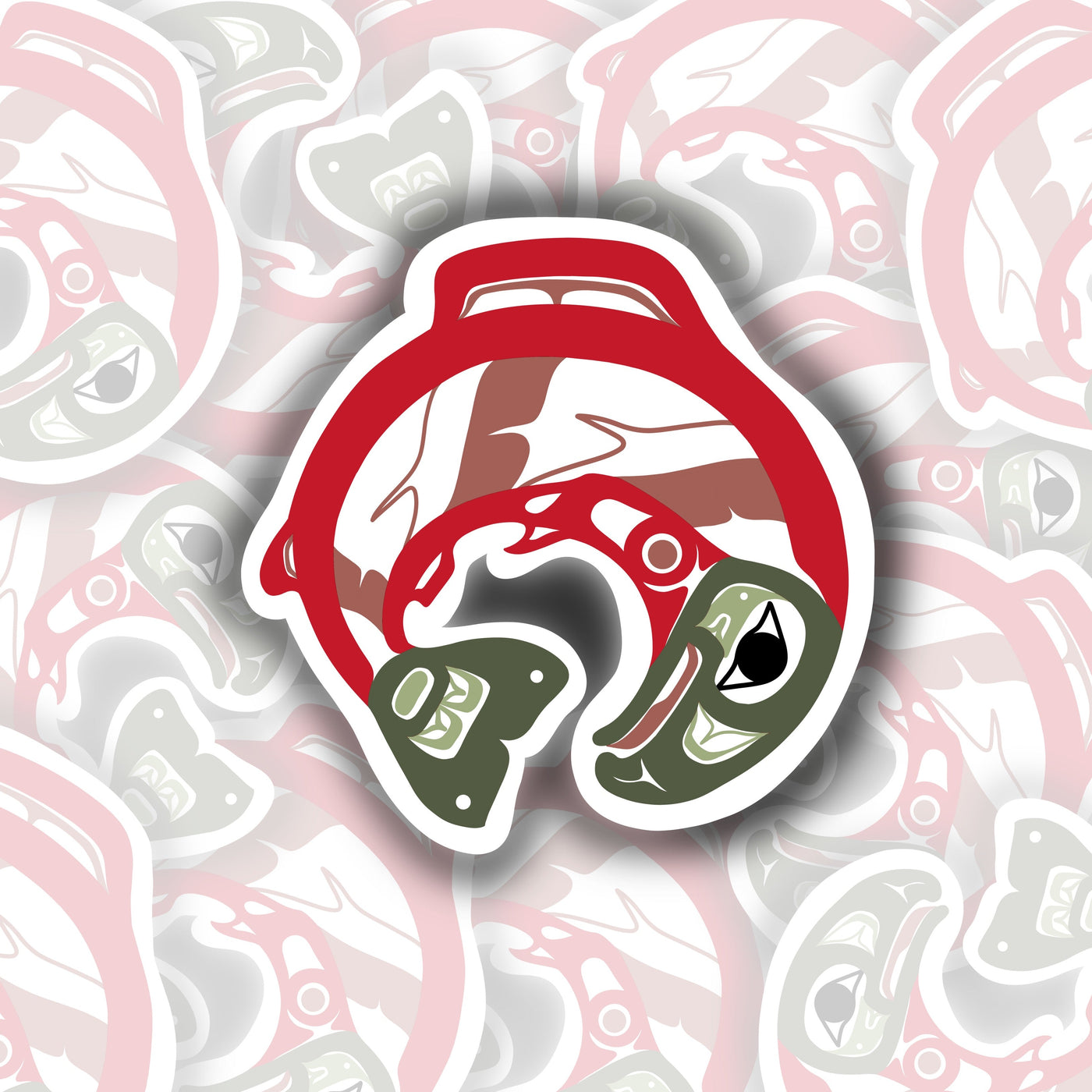 Round shaped sticker with a salmon. the design is cutout so it's not a circle sticker. the head and tail meet at the bottom. the salmon is red and dark green.