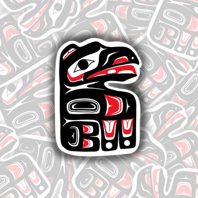 This sticker is a raven facing the right. It is all black with red detailing on the wings and mouth.